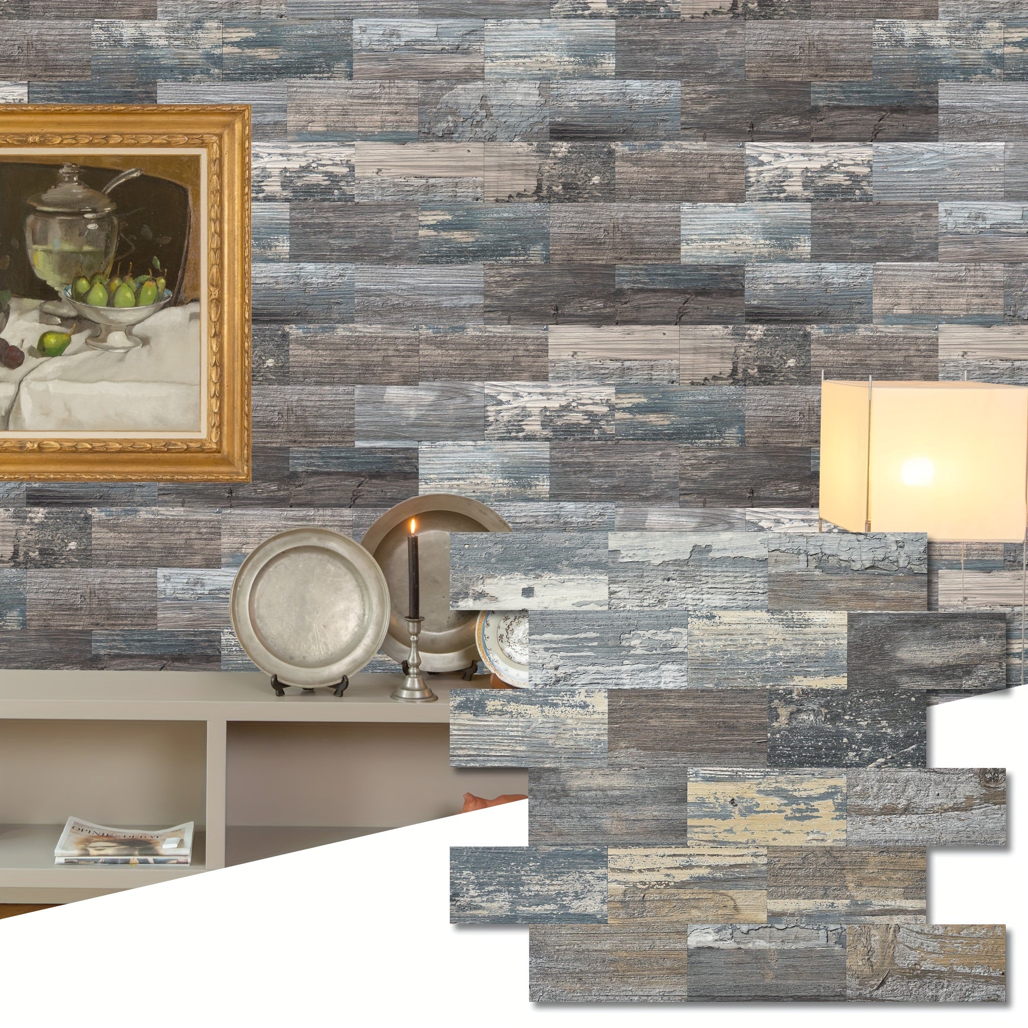 30pcs Self-Adhesive Backsplash PVC Wall Tiles, Rustic Stair Stickers in Spruce Grey