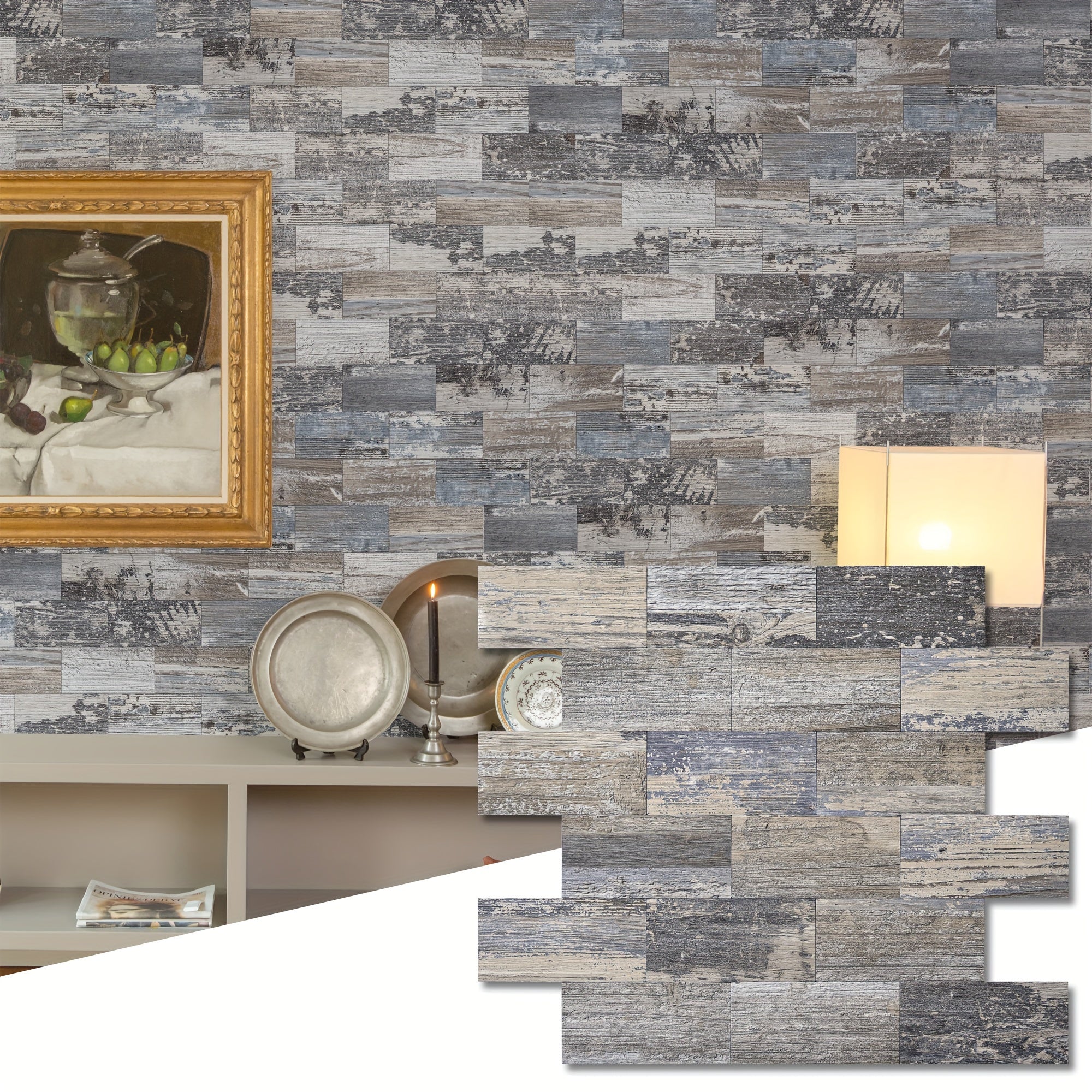 30pcs Self-Adhesive Backsplash PVC Wall Tiles, Rustic Stair Stickers in Spruce Grey
