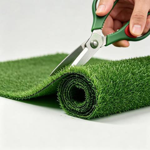 Cutting artificial grass roll with scissors