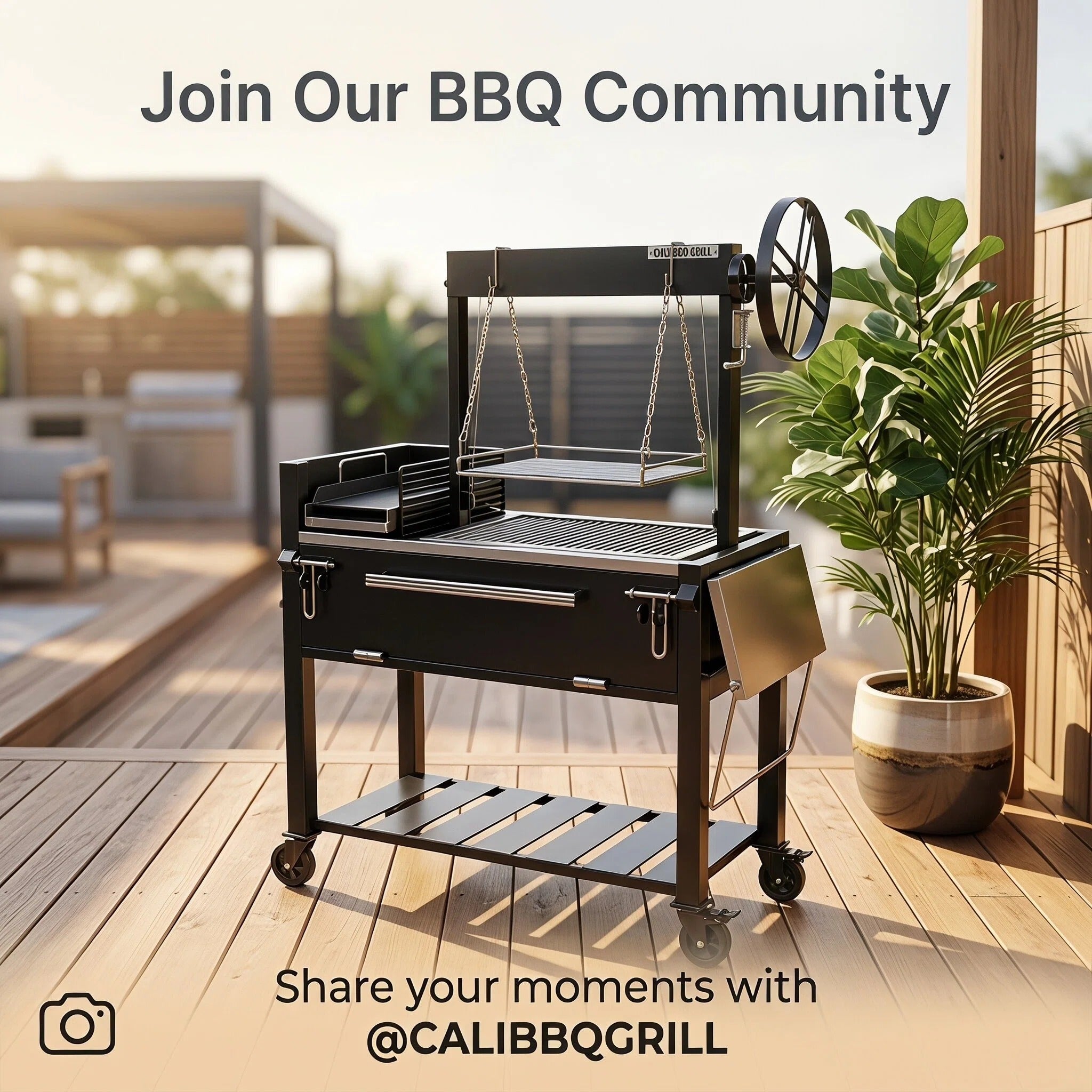 Heavy-Duty Black Rolling BBQ Grill Cart Multi Cooking Zones Lower Storage Deck Lockable Wheels for Deck Grilling