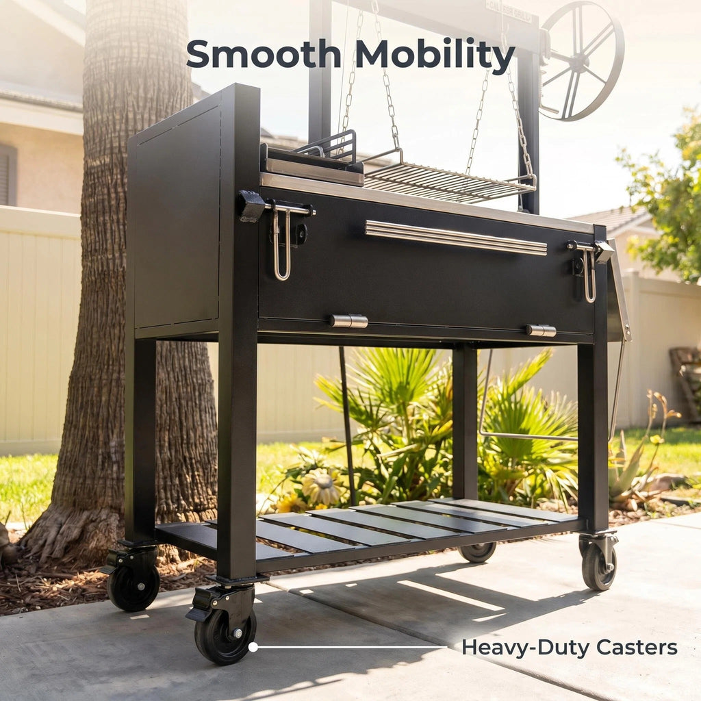 Heavy-Duty Black Rolling BBQ Grill Cart Multi Cooking Zones Lower Storage Deck Lockable Wheels for Deck Grilling