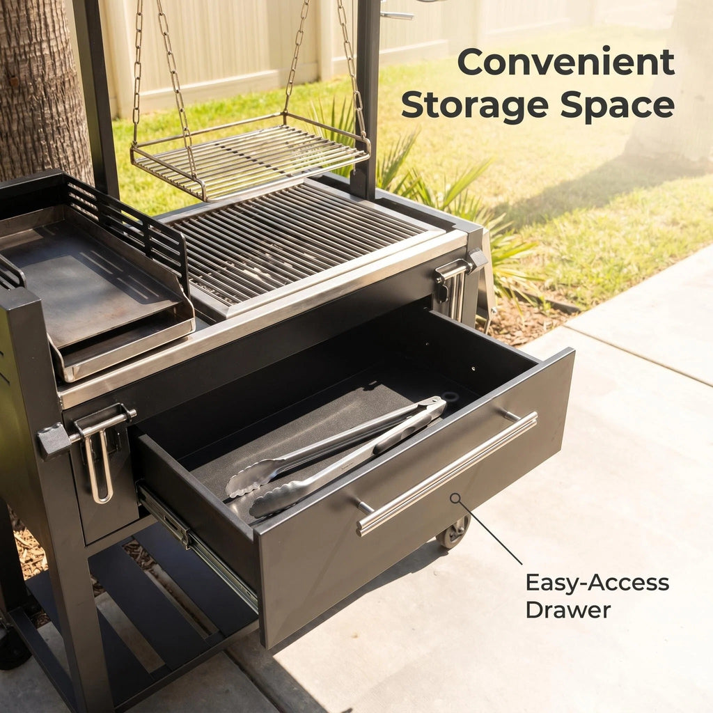 Heavy-Duty Black Rolling BBQ Grill Cart Multi Cooking Zones Lower Storage Deck Lockable Wheels for Deck Grilling