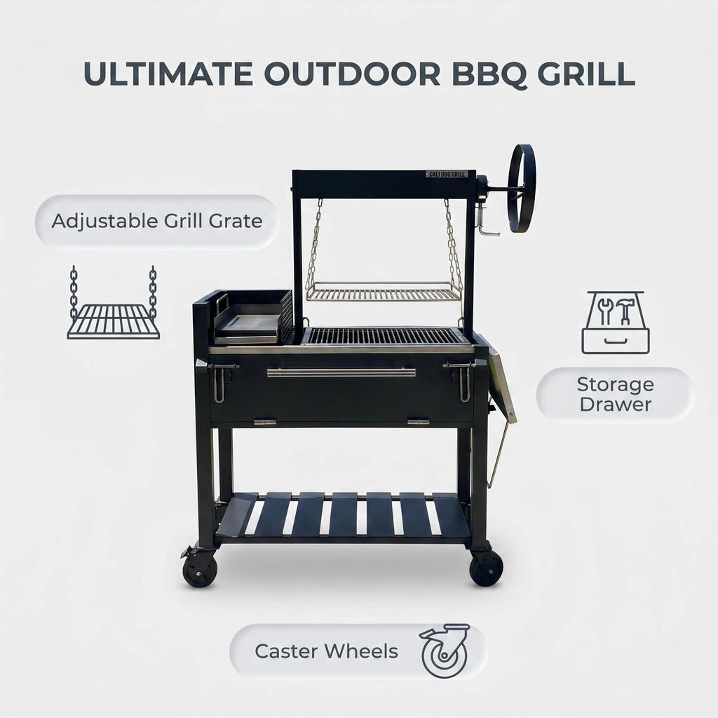 Heavy-Duty Black Rolling BBQ Grill Cart Multi Cooking Zones Lower Storage Deck Lockable Wheels for Deck Grilling