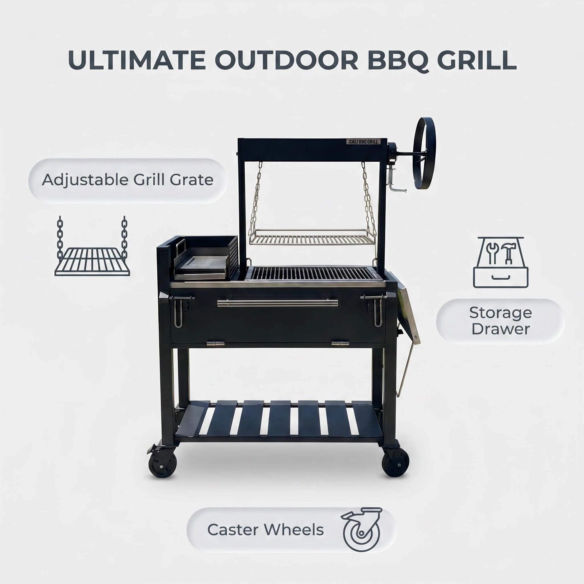 Heavy-Duty Black Rolling BBQ Grill Cart Multi Cooking Zones Lower Storage Deck Lockable Wheels for Deck Grilling