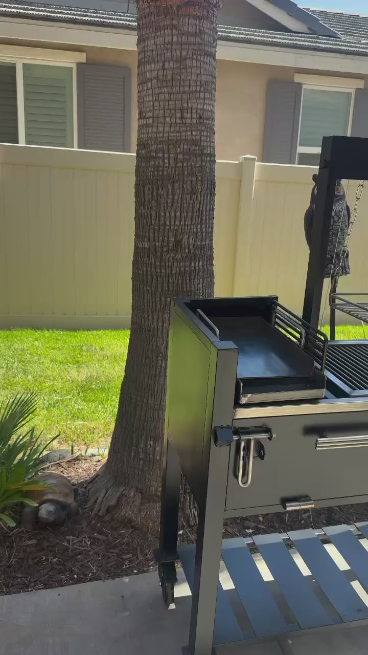 Heavy-Duty Black Rolling BBQ Grill Cart Multi Cooking Zones Lower Storage Deck Lockable Wheels for Deck Grilling